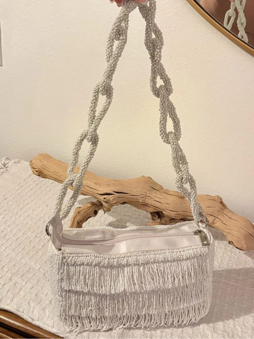 White Beaded Fringe Shoulder Bag - Women